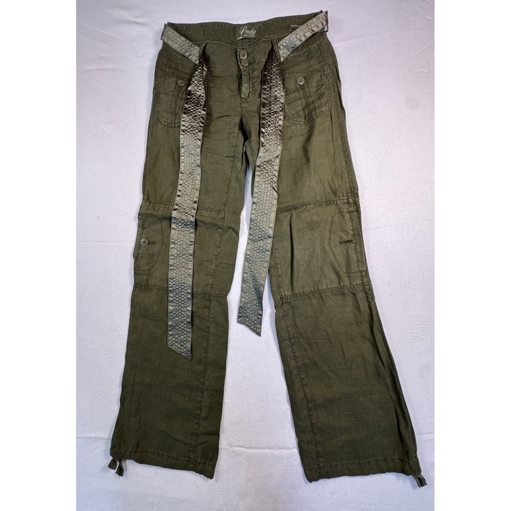 Vintage Y2K Lucky Linen Pants Women's Size 0 Green Grunge Belted